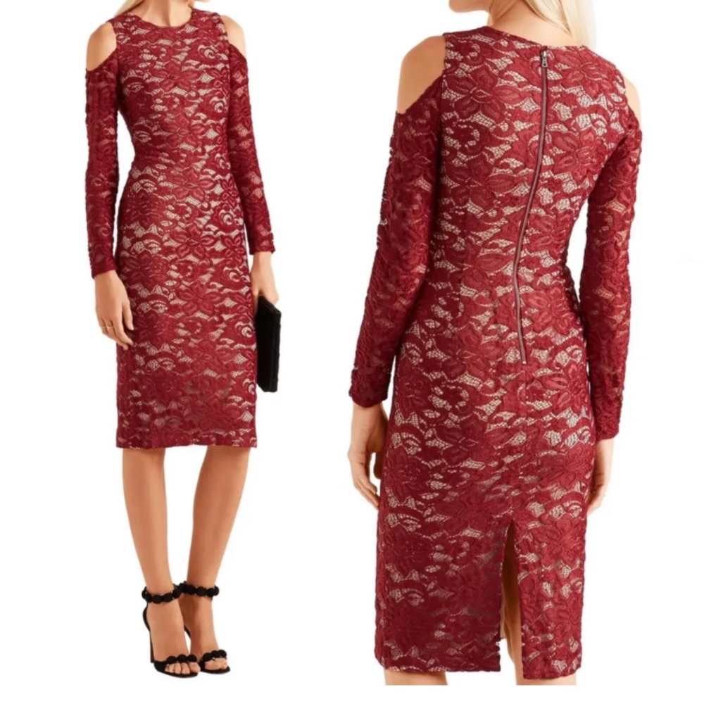 ALICE & OLIVIA Laila Cold Open Shoulder red  Lace Midi Dress Burgundy. Size 10